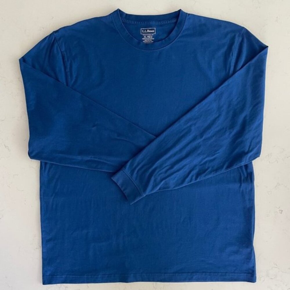 LLBean Carefree Unshrinkable LS Crew Nk Cotton T Shirt Ocean Blue Sz XL REG